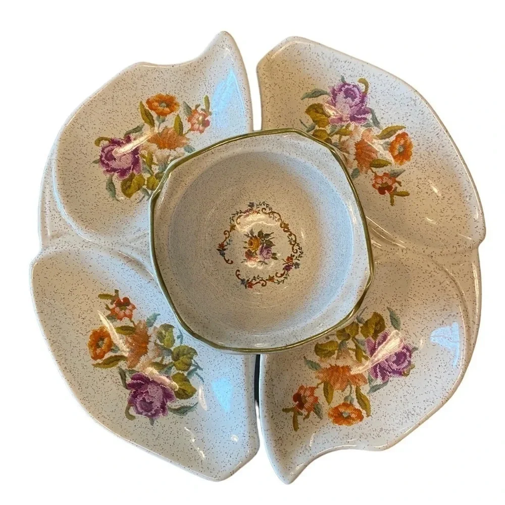Vintage California pottery needlepoint Floral Lazy Susan appetizer serving dish